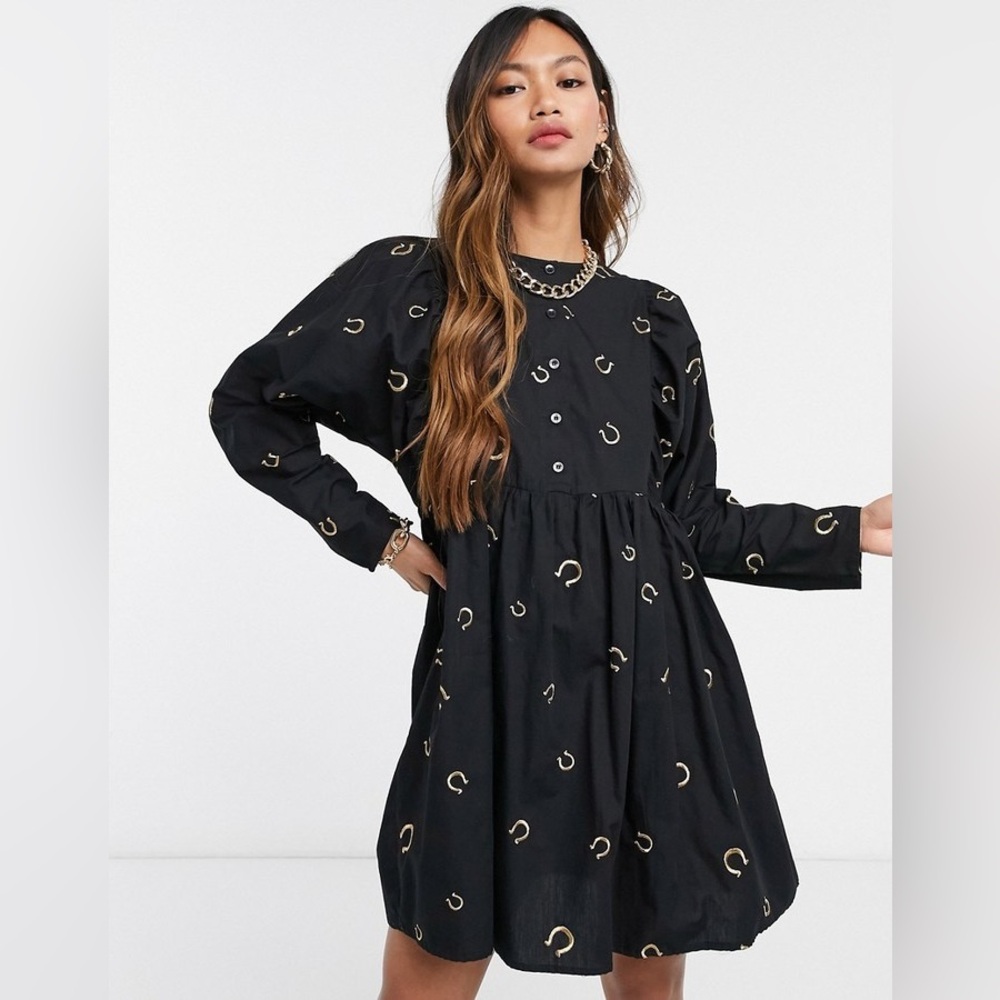 ASOS DESIGN Black Smock Mini Dress with Gold Horseshoe Embroidery Size 14
